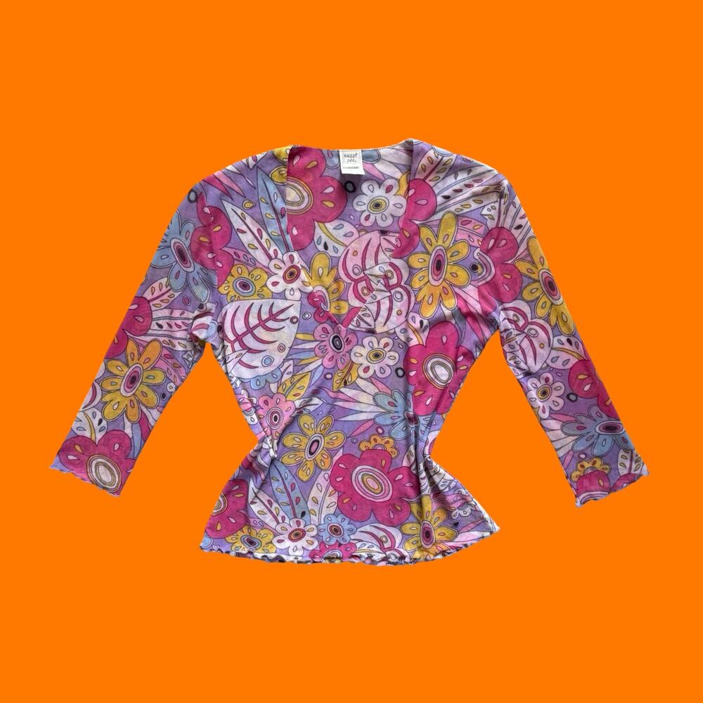 90's vintage purple groovy floral micro mesh y2k bodycon top LARGE sweet pea